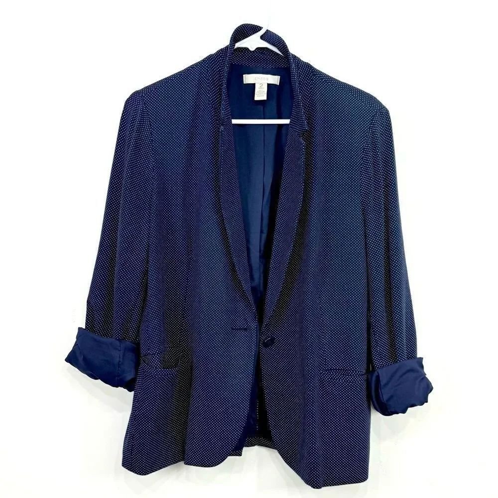 Chico's Navy Blue White Micro Dot Fully Lined Nautical Coastal Blazer Jacket